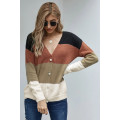Multicolor V Neck Buttoned Closure Colorblock Sweater Cardigan