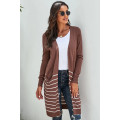 Brown Open Front Long Sleeve Striped Cardigan