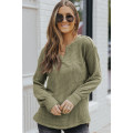 Green Waffle Knit Split Neck Pocketed Loose Top