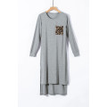 Gray Leopard Patch Side Split Long Sleeve Midi Dress
