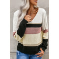 Brown Casual Color-Block Striped Long Sleeve V Neck Sweater