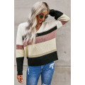 Brown Casual Color-Block Striped Long Sleeve V Neck Sweater