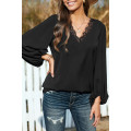 Black Lace V Neck Balloon Sleeves Top