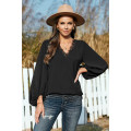 Black Lace V Neck Balloon Sleeves Top