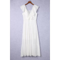 White Lace Contrast V Neck Ruffled Maxi Dress