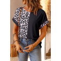 Black Half Leopard Patchwork Short Sleeves Top