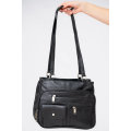 Women's Black Handbag With Multiple Compartments Over-the-Shoulder Purse in Pu Leather
