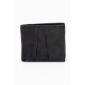 Camel Mountain Genuine Leather Tri-Fold Stitch Detail Wallet with Coin Pouch Black
