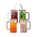 Clear Square Glass Cups with Lids & Straws Tumbler 370ml