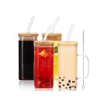 370ml Clear Square Glass Cups with Lids & Straws Tumbler