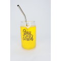 Printed Can Shaped Drinking Glass Tumblers With Stainless Steel Straw & Straw Brush 470ml