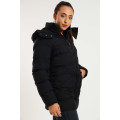Ladies Black Elite Winter Long Hooded Puffer Jacket With Easy Carry Bag
