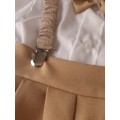 Christening Boys Beige pants, braces with silver clips; white cotton shirt with edging and bowtie