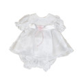 Christening Girls White satin and chiffon with Pink flower and Pearl detail