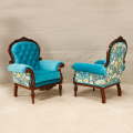 Victorian carved Armchairs in turquoise hues