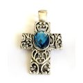 Pendant - Vintage Style Swirl Patterned Cross with Large Blue Centre Stone. Silver Colour #ML146