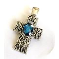 Pendant - Vintage Style Swirl Patterned Cross with Large Blue Centre Stone. Silver Colour #ML146