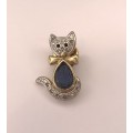 Lapel Pin / Brooch - Cat With Diamante and Tear Shaped Blue Bead. Silver and Gold Colour #ML1006 ...