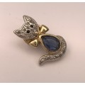 Lapel Pin / Brooch - Cat With Diamante and Tear Shaped Blue Bead. Silver and Gold Colour #ML1006 ...