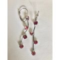 Earrings - Drops With Pink Stones, Very Dainty. Silver Colour #ML269