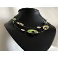 Silver Tone Wire Necklace With Green and Yellow Beads and Green Stones - Double Strand #ML469 | D...