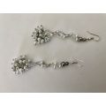 Earrings - Shepherds Hook Drop Earrings - White & Clear Cluster of Beads at the Bottom. Silver Co...
