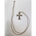 Pendant - Cross With Chain. Cross has White Beads and Swirl Pattern. Silver Colour #ML651