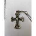 Pendant - Cross With Chain. Cross has White Beads and Swirl Pattern. Silver Colour #ML651