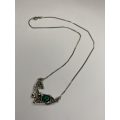 Necklace - 925 Silver Fawn Shaped Pendant on Chain. The pendant has silver bobbles and green ston...