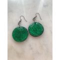 Earrings - Hanging Round Green Plastic Beads with Silver Colour Hooks #ML863