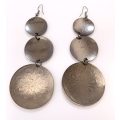 Earrings - Metal With 3 Dangling Circles in Differing Sizes. Flower Pattern Inside Each Circle #M...