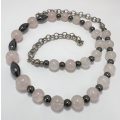 Necklace - Pale Pink, White and Dark Silver Colour Round Beads and Silver Colour Chain #ML1101 R1...