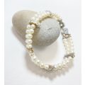 Bracelet - Double Strand Freshwater Pearls With Separated By White Diamante On Gold Colour Bands ...