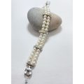 Bracelet - Double Strand Freshwater Pearls With Separated By White Diamante On Gold Colour Bands ...