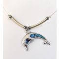 Necklace - Dolphin Pendant With Green, Blue Opal Inlaid, Hematite Beads On Chain. Silver Colour