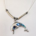 Necklace - Dolphin Pendant With Green, Blue Opal Inlaid, Hematite Beads On Chain. Silver Colour
