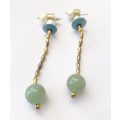 Earrings - Art Deco With Pearls, Amazonite and Jade Stones. Gold Colour #ML1352