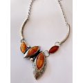 Necklace - Pendant With Orange Stones Attached to Silver Chain #ML1444