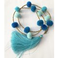 Necklace - Brass Beads With Blue Pompoms and Blue Tassels