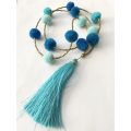 Necklace - Brass Beads With Blue Pompoms and Blue Tassels