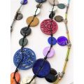 Necklace - Long Double Strand Cord. Multi-Colour Beads. Wooden Flower Patterned Beads #ML1516