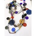 Necklace - Long Double Strand Cord. Multi-Colour Beads. Wooden Flower Patterned Beads #ML1516