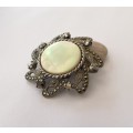 Brooch - Vintage Marcasite With Large Centre Mother of Pearl Disk. Twisted Centre Rim Paisley Sty...