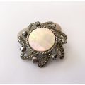 Brooch - Vintage Marcasite With Large Centre Mother of Pearl Disk. Twisted Centre Rim Paisley Sty...