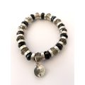 Bracelet - Black Glass Beads and silver rings. Elasticised String #ML1648