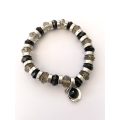 Bracelet - Black Glass Beads and silver rings. Elasticised String #ML1648