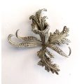 Brooch - Vintage 925 Silver Stamped Marcasite Trumpet Vine Flower Surrounded By Leaves (1 stone m...