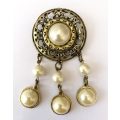 Brooch - Large Round Disk With Pearly Bead In Centre. 3 Hanging Pendants With Pearly Bead On End....