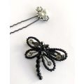 Set - Black Beaded Dragonfly Brooch With Clear Stones and Hair Pin With Flower Diamante and Pearl...