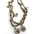 Necklace - Leather Tong and Silver Colour Chain With Pretty Silver Flowers Hanging Off Chain #ML1706